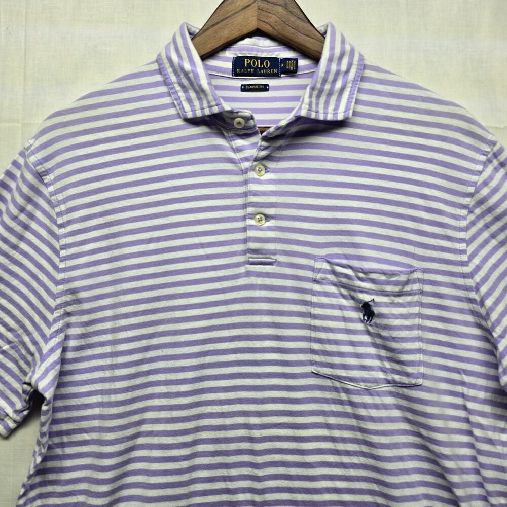 Polo Ralph Lauren Polo Shirt Mens Medium Purple White Striped Cotton Pocket - Picture 2 of 7